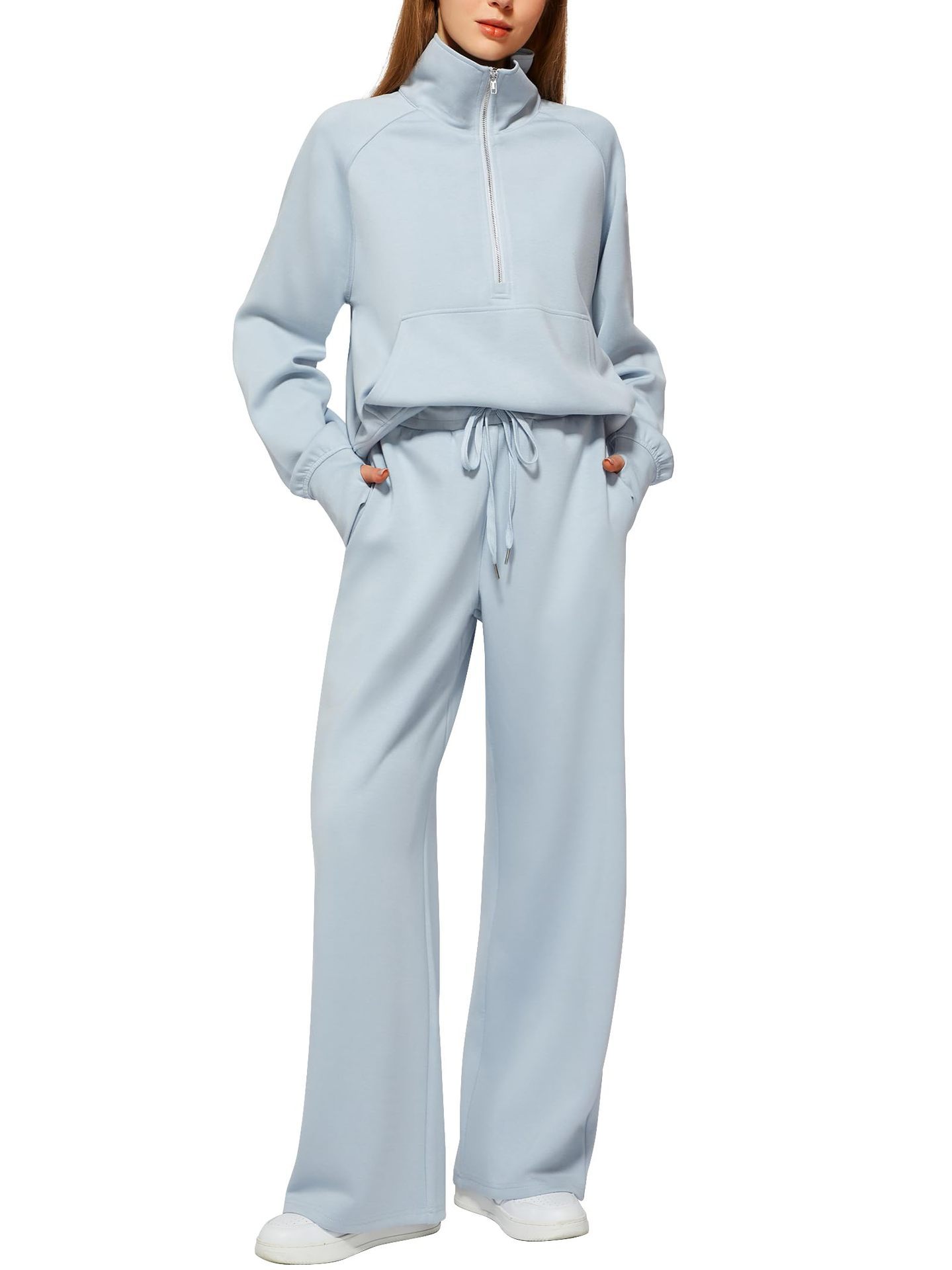 Women’s Solid Color Half-Zip Sweatshirt & Wide Long Pants