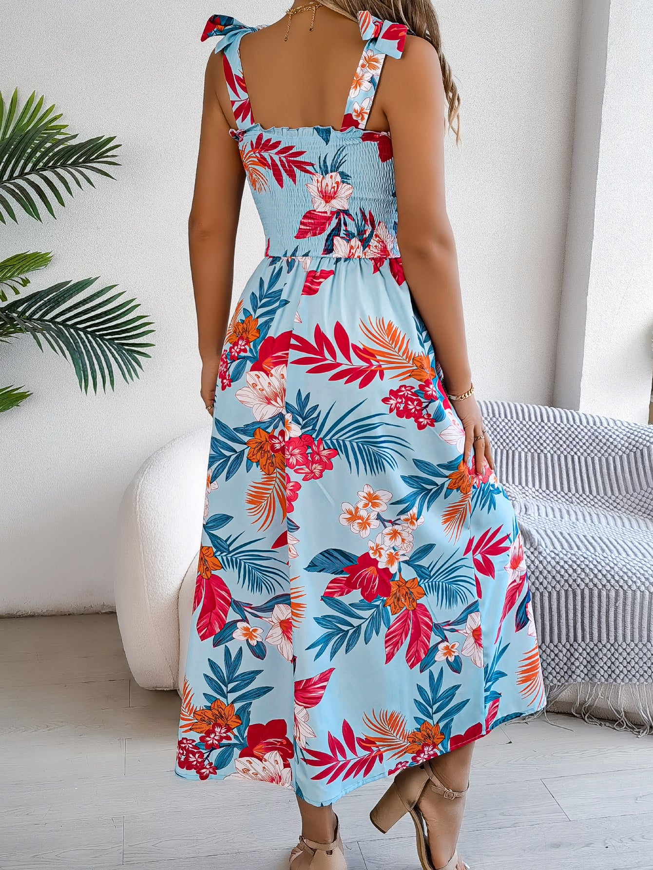 Women's Floral Print Tie Waist Camisole Beach Vacation Maxi Dress