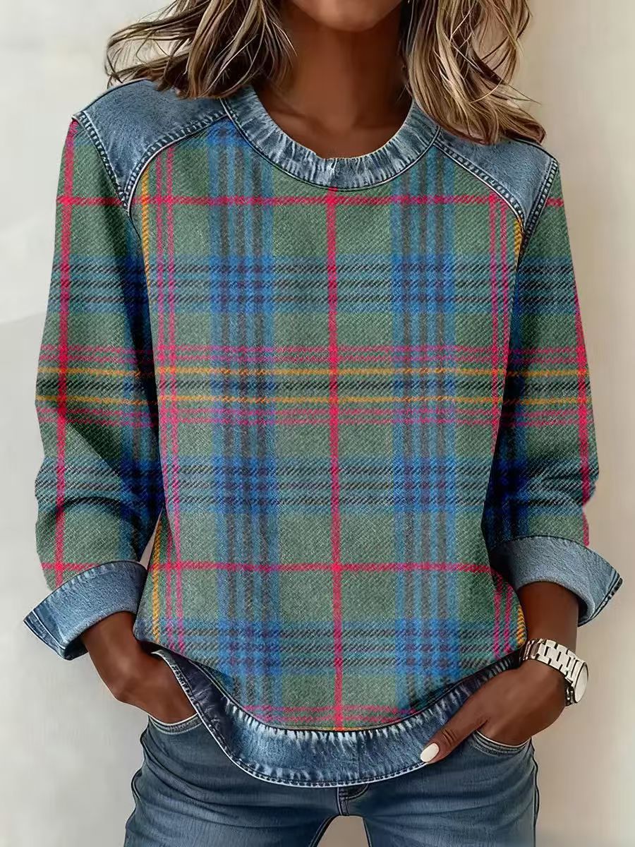 Denim Patchwork Sweatshirt for Women | Long Sleeve Pullover