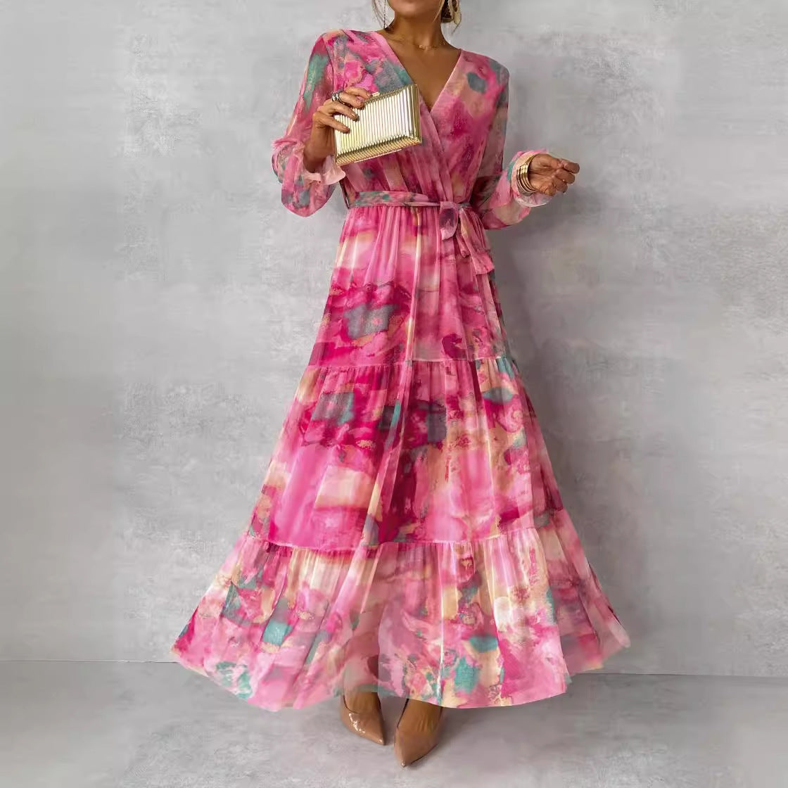 Long-sleeved Floral Print Dress Elegant V-neck Pleated High-waisted Big Swing Chiffon | Koalakits36