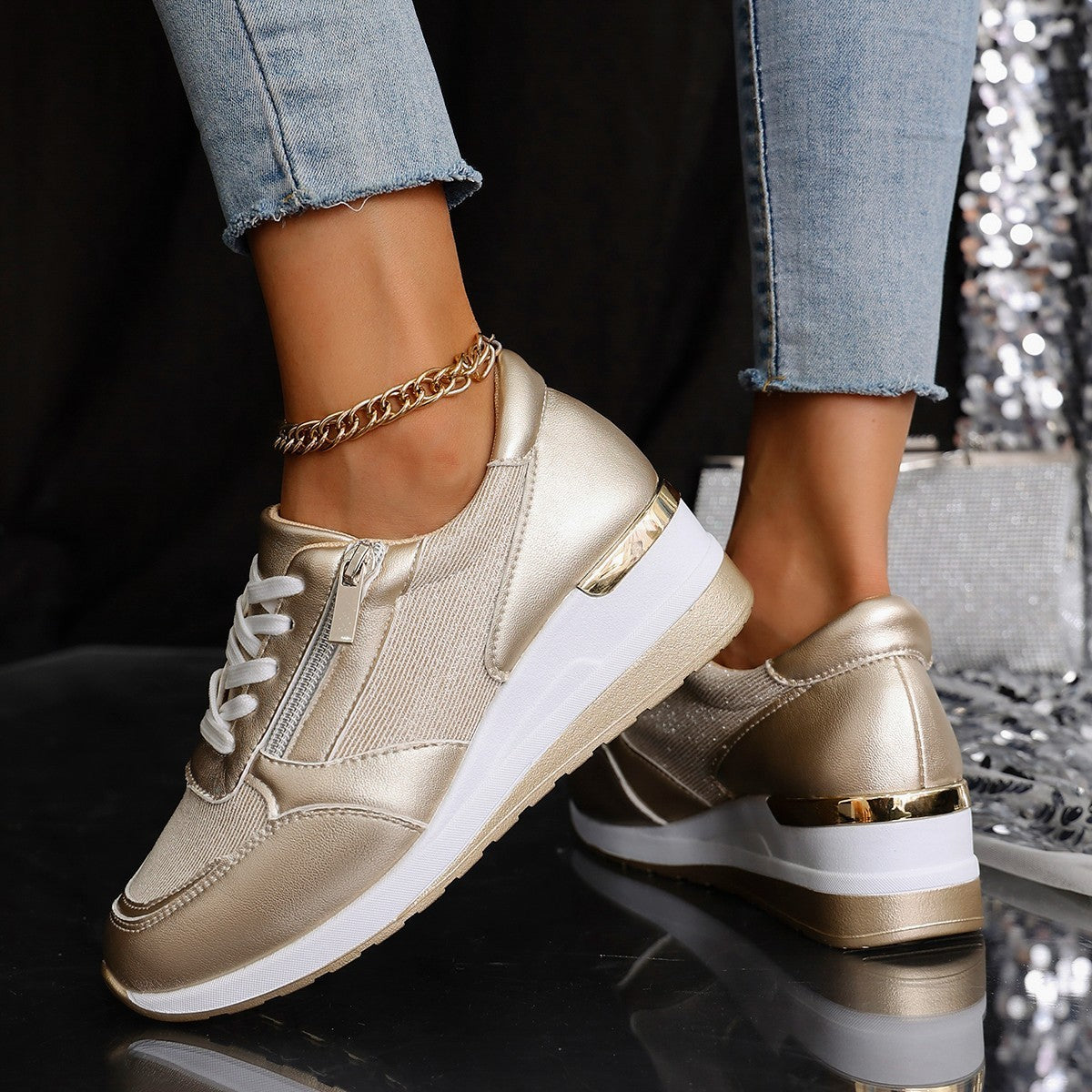 Women's Lace-up Casual Shoes Fashion Side Zipper Design Thick-soled Shoes Walking Running | Koalakits36