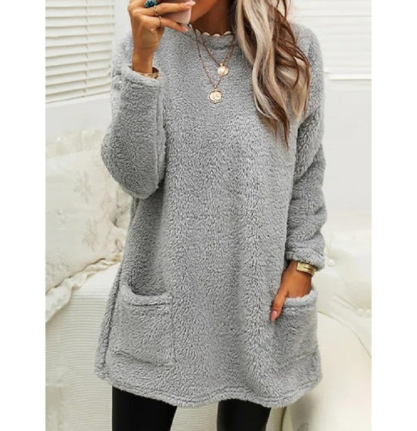 Women's Fleece Pullover Long Sweater With Pockets with Hoodie Winter Warm Thicken Casual Long Sleeve Plush Loose Tops Koalakits36