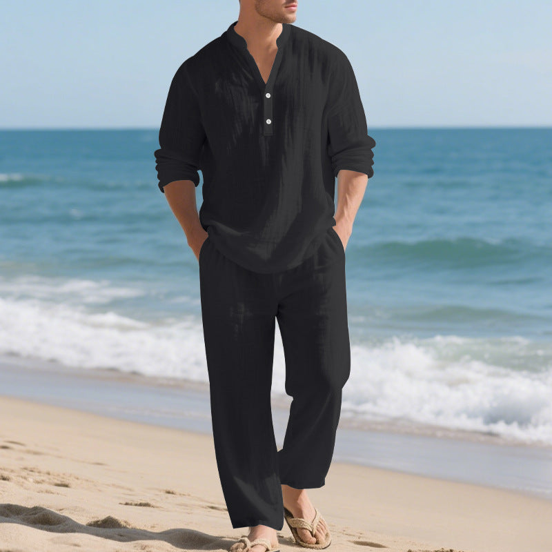 Mens Loose-Fit Long-sleeved Suit Casual Breathable V-Neck Henley Shirt And Long Pants Set Beach Clothing