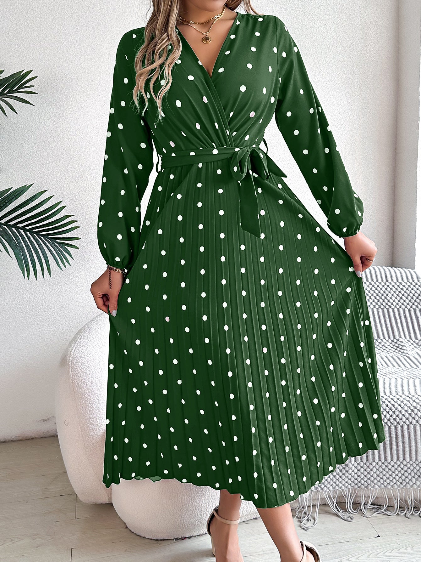 Spring Summer Elegant Long Dress Cross V-Neck Contrast Polka Dot Long Sleeve | Koalakits36