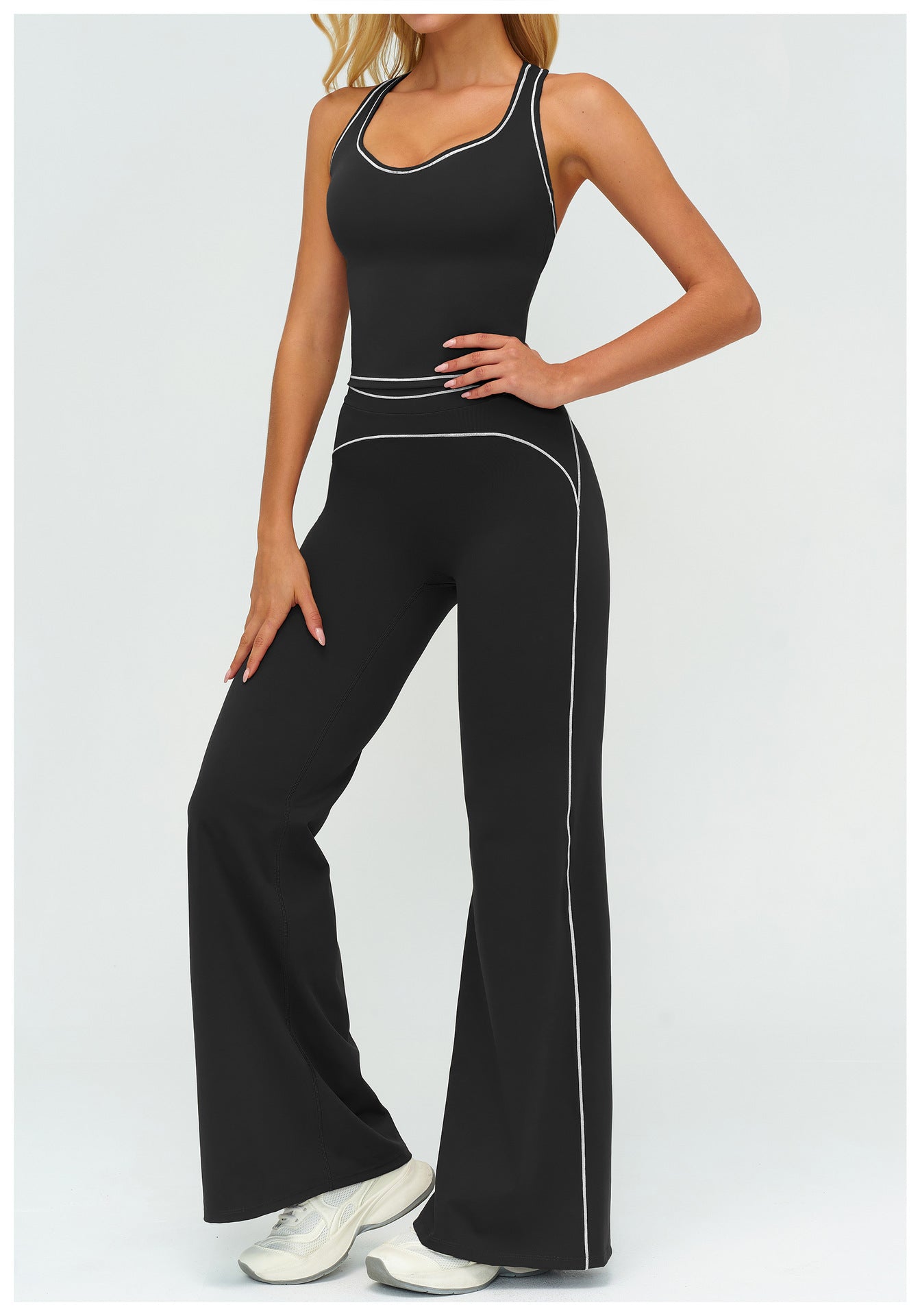 Womens Yoga Set V-neck Sleeveless Tops And Slim Straight Pants Summer Gym Sports Clothing