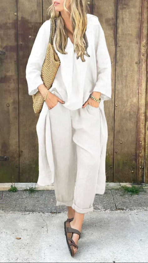 2pcs Long-sleeved Suits Loose V-neck Long Top And High Waist Wide Leg Pants | Koalakits36