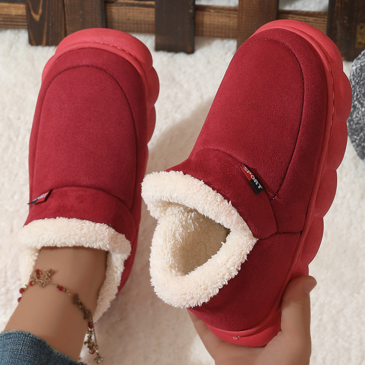 Winter Plush Cotton Shoes Women Men Warm Suede House Shoes For Parents Solid Color Thick-soled