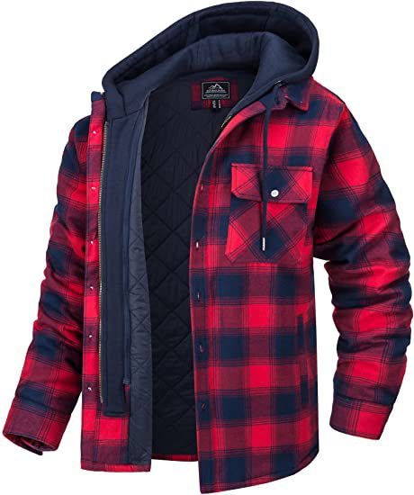 Men's Plaid Hooded Coat Winter Warm Button Zip-up Jacket Fashion Casual Thick Padded Long Sleeves Outerwear Clothing Koalakits36
