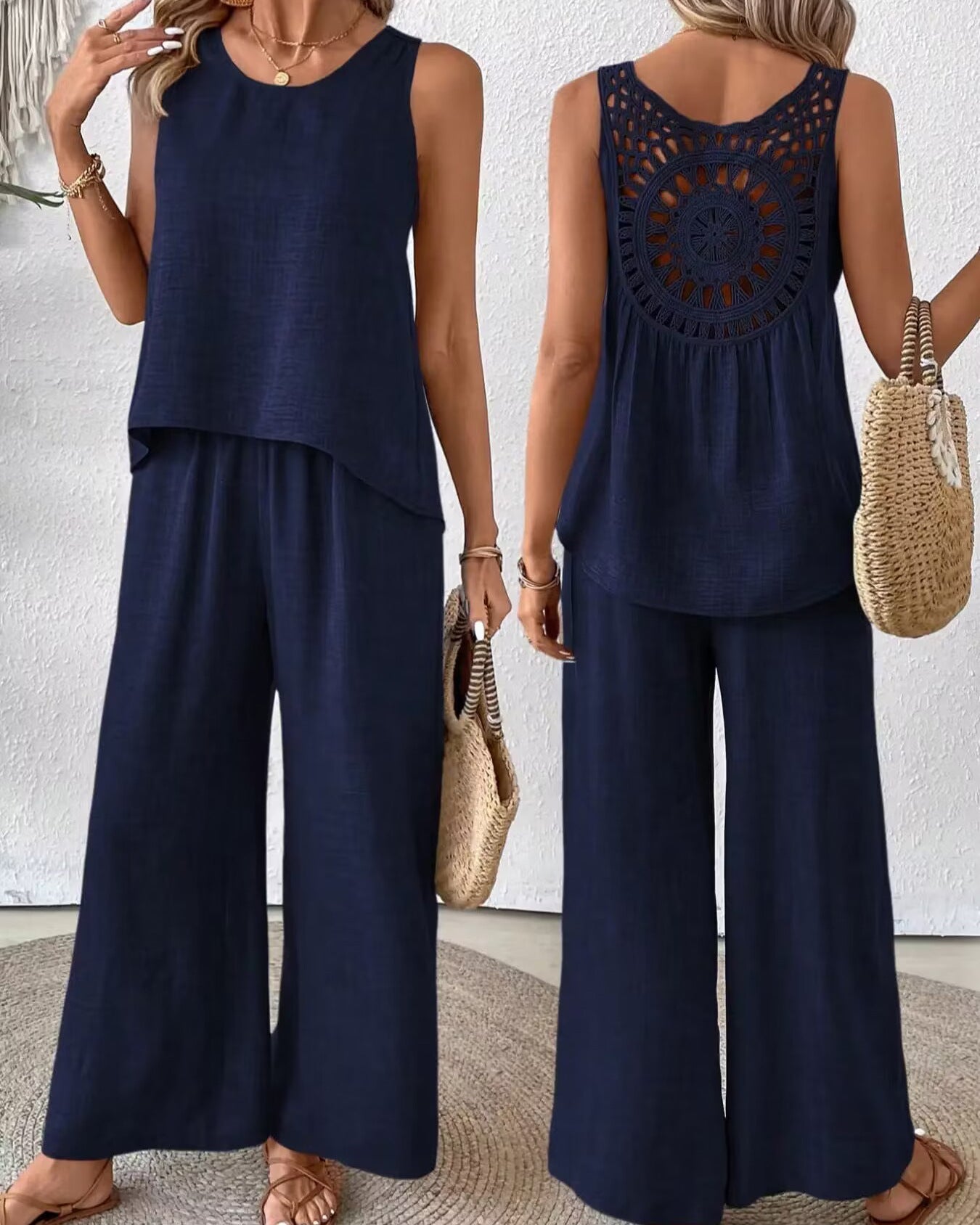 2 Pieces Set Women's Sleeveless Solid Color Back Hollow Lace Suit Summer Trendy Casual Top Wide Leg Pants Set For Daily Wear Holiday Outfit