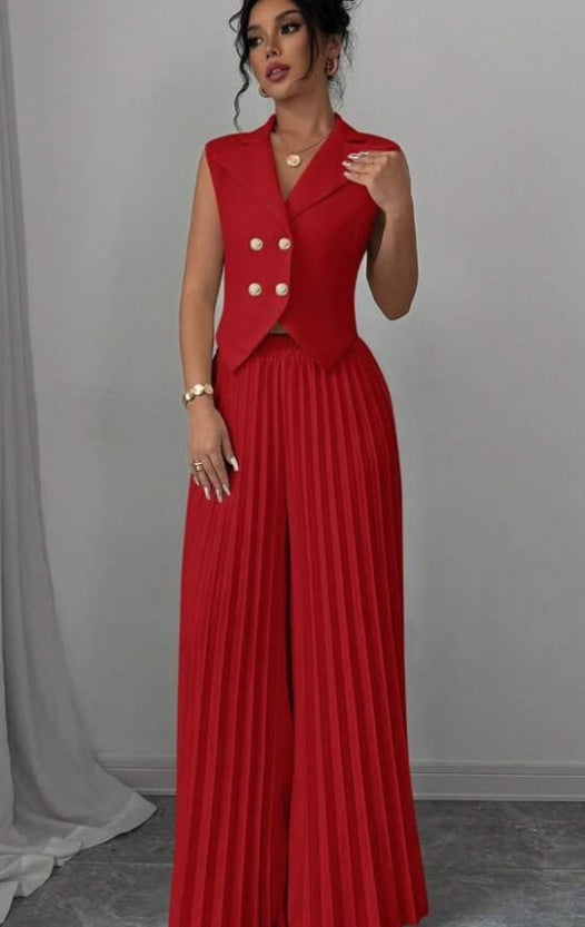 Summer Sleeveless Suit Fashion Lapel Button Vest Top And Pleated Straight Pants | Koalakits36