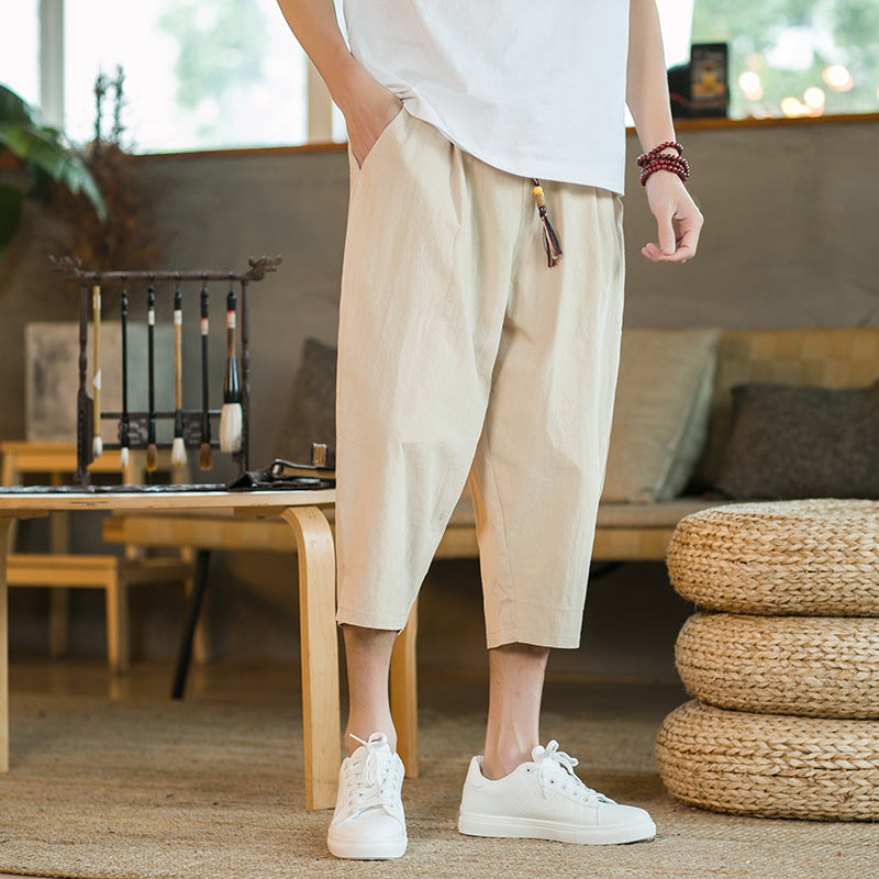 Mens Linen Capri Pants Casual And Loose-fit Shorts