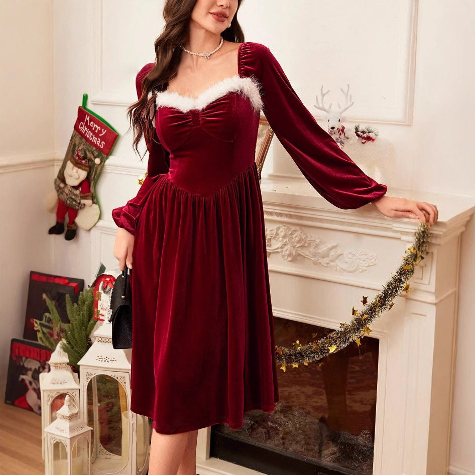 Women's Vintage Christmas Party Long Sleeve Red Velvet Dress Square Collar Dress Elegant Slimming Waist Autumn Koalakits36