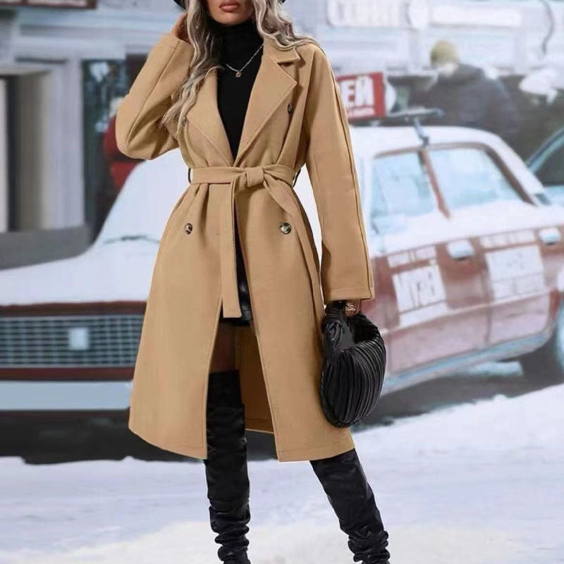 Lapel Double-breasted Trench Coat With Belt Winter Fashion Solid Color Long Jacket Outwear