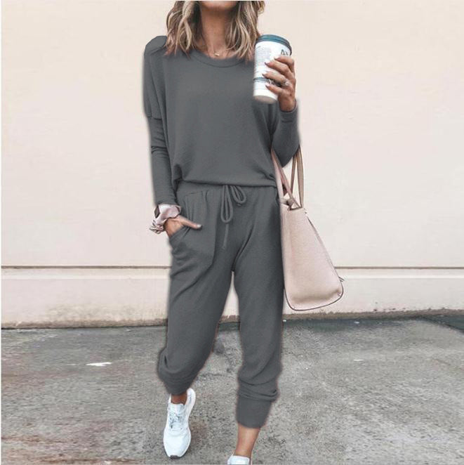Women's Long Sleeve Suit Fashion Pullover Top And Pockets Drawstring Long Pants Solid Color Casual Sports Trouser Suit Clothing Koalakits36