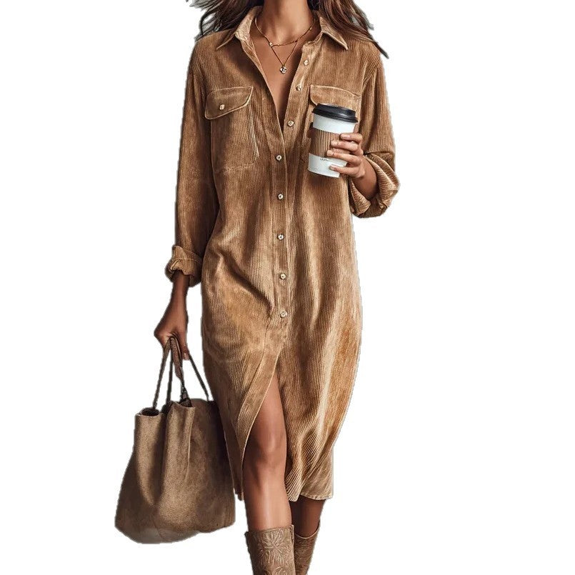 Corduroy Long Sleeve Lapel Shirt Loose Long Dress Koalakits36