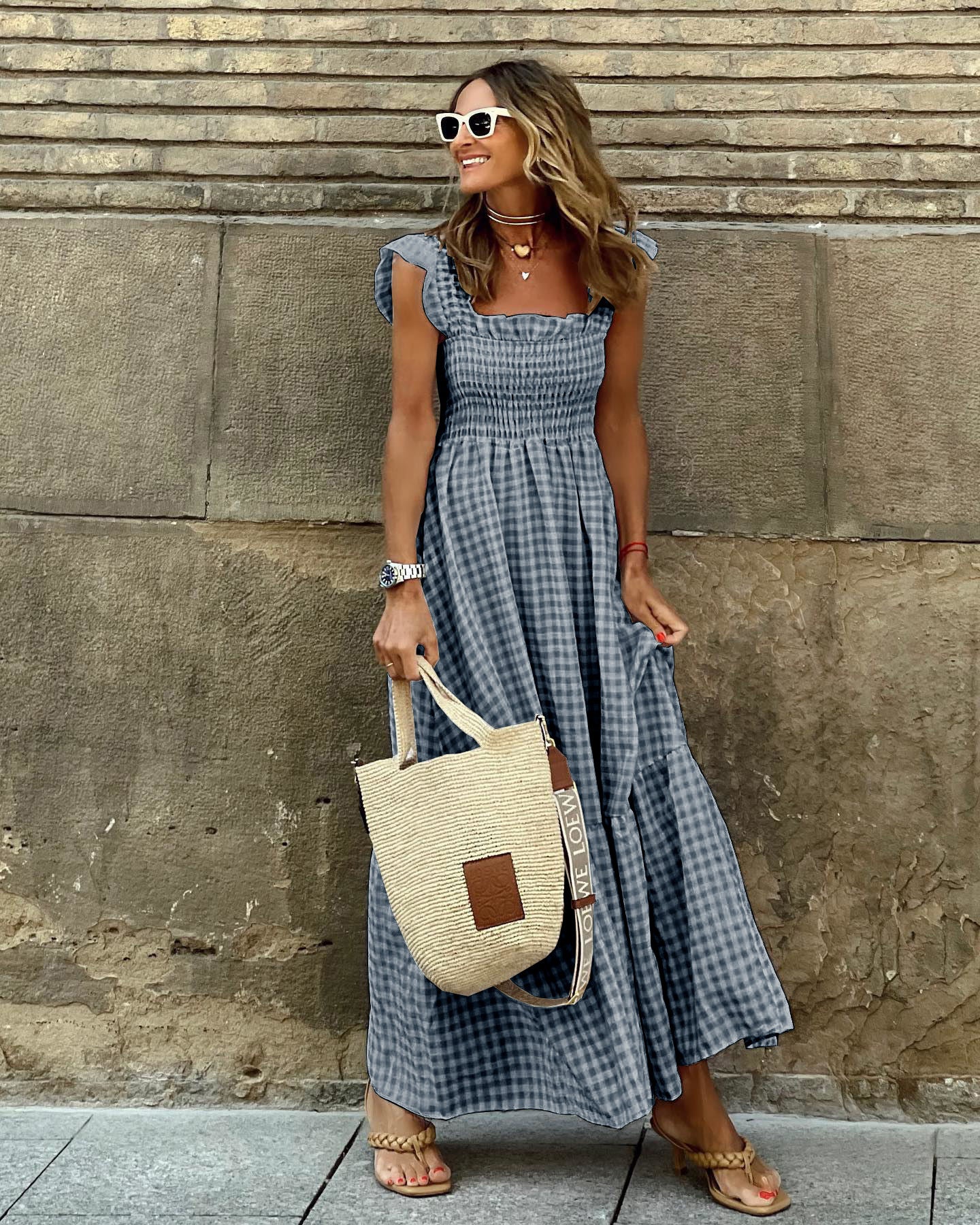 Summer Plaid Print Pleated Ruffle Dress Fashion Sleeveless for Women | Koalakits36