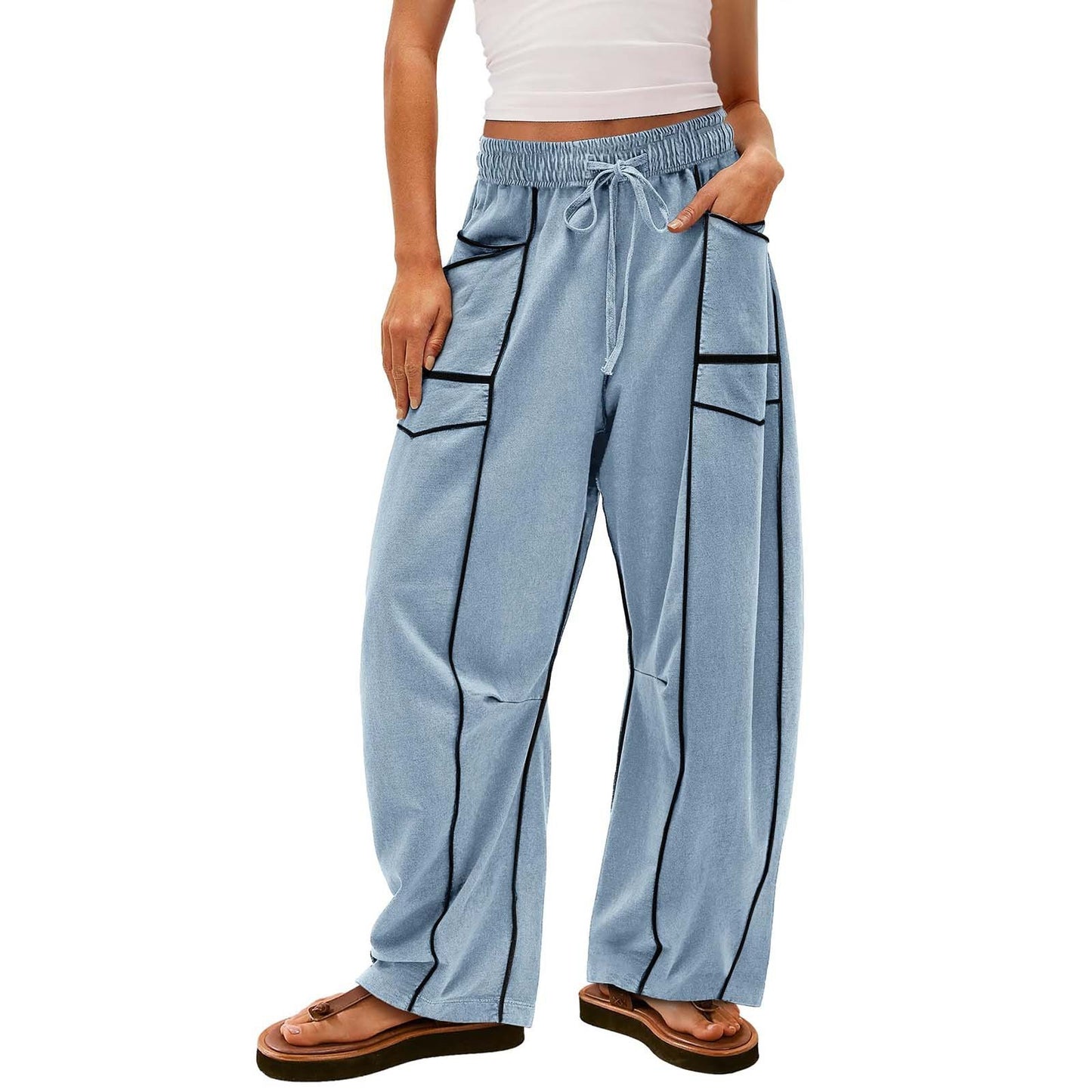  BLACK STRIPED WIDE-LEG PANTS WITH POCKETS FASHION LOOSE DRAWSTRING TROUSERS | Koalakits36