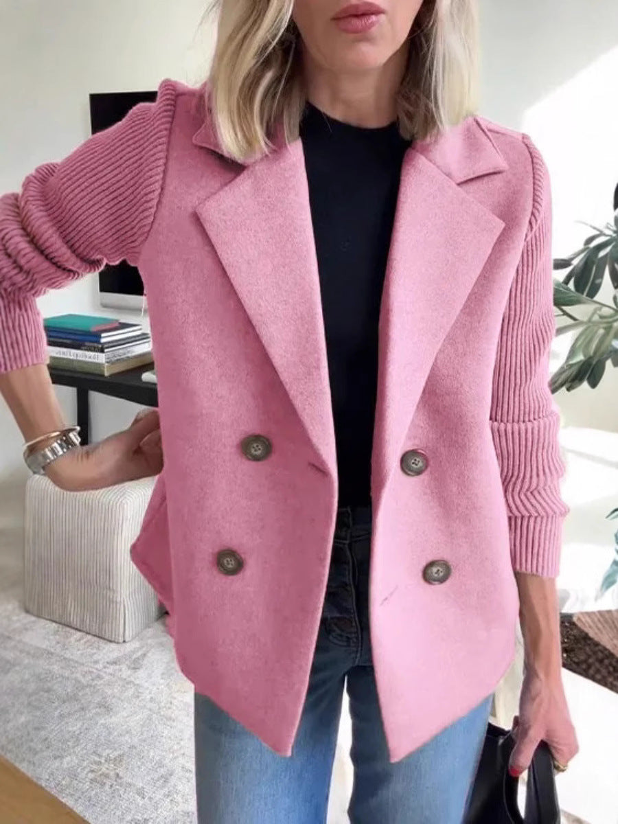 Double Breasted Lapel Jacket Fashion Knitted Sleeves Splicing Design Coat Outerwear Koalakits36