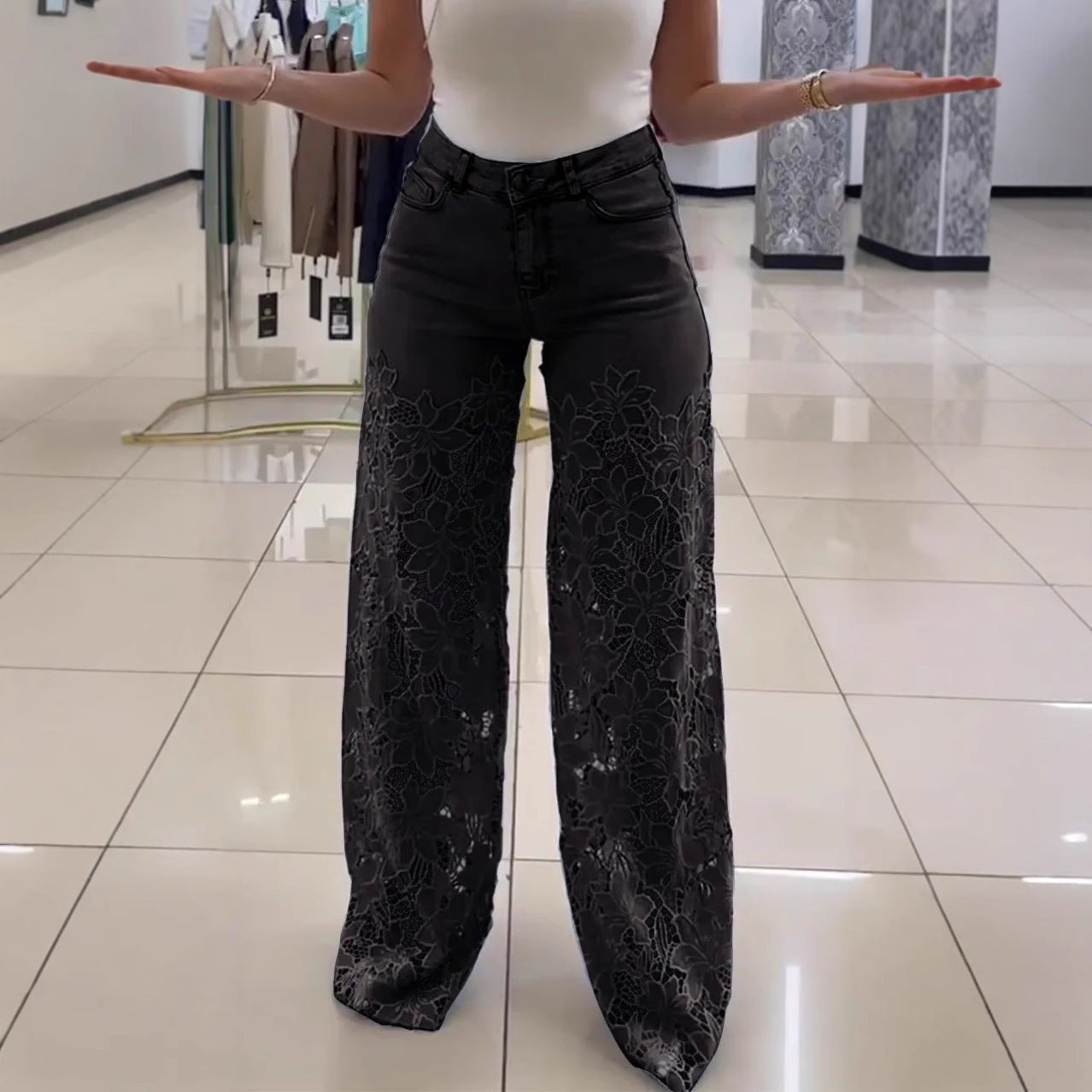 Lace Flowers Hollow Jeans Fashion High Waist Straight Wide Leg Pants Solid Color Trouser | Koalakits36