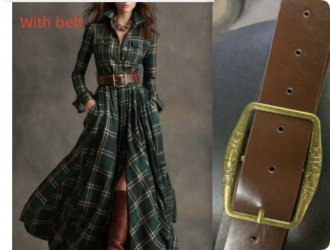 Plaid Print Long-Sleeved Dress Fashion Pockets Collared Buttons Shirt Long Dresses Retro Koalakits36