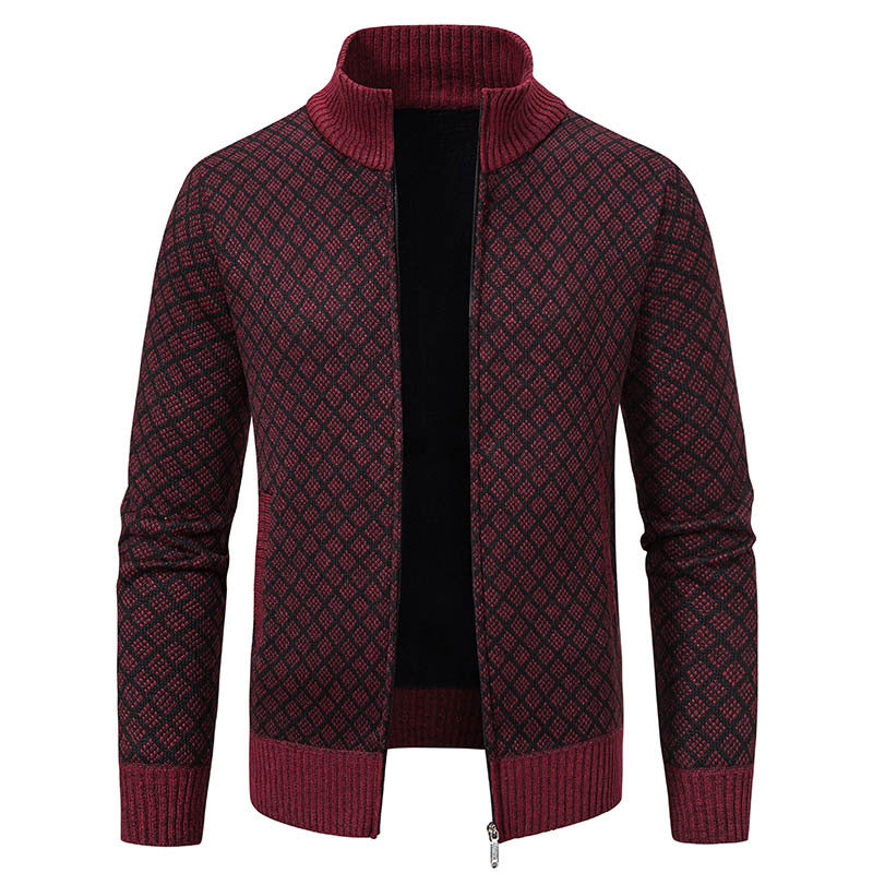 Thickened Plaid Print Jacket Cardigan Fashion Slim Fit Zipper Stand Collar Sweater Winter Men's Casual Long Sleeve Koalakits36