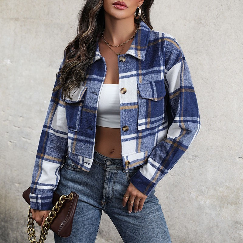 Plaid Lapel Cropped Jacket With Pockets Fashion Button Long Sleeve 