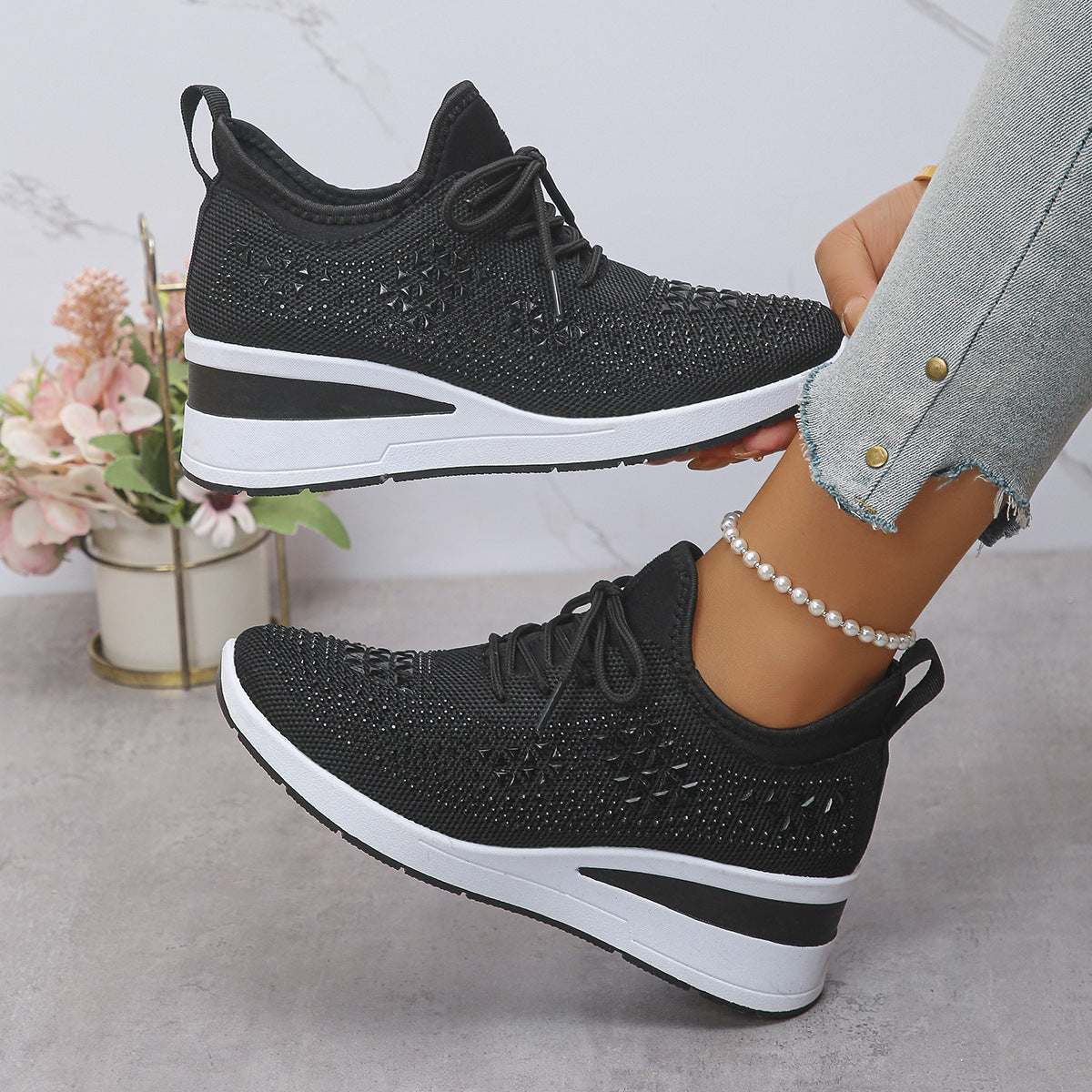 Rhinestone Sneakers Fashion Lace Up Wedges Casual Shoes Women's Daily Commuting Sports Shoes Koalakits36