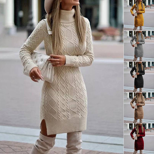 Fashion Turtleneck Knitted Dress With Slit Design Winter Warm Solid Color Pullover Long Sweater