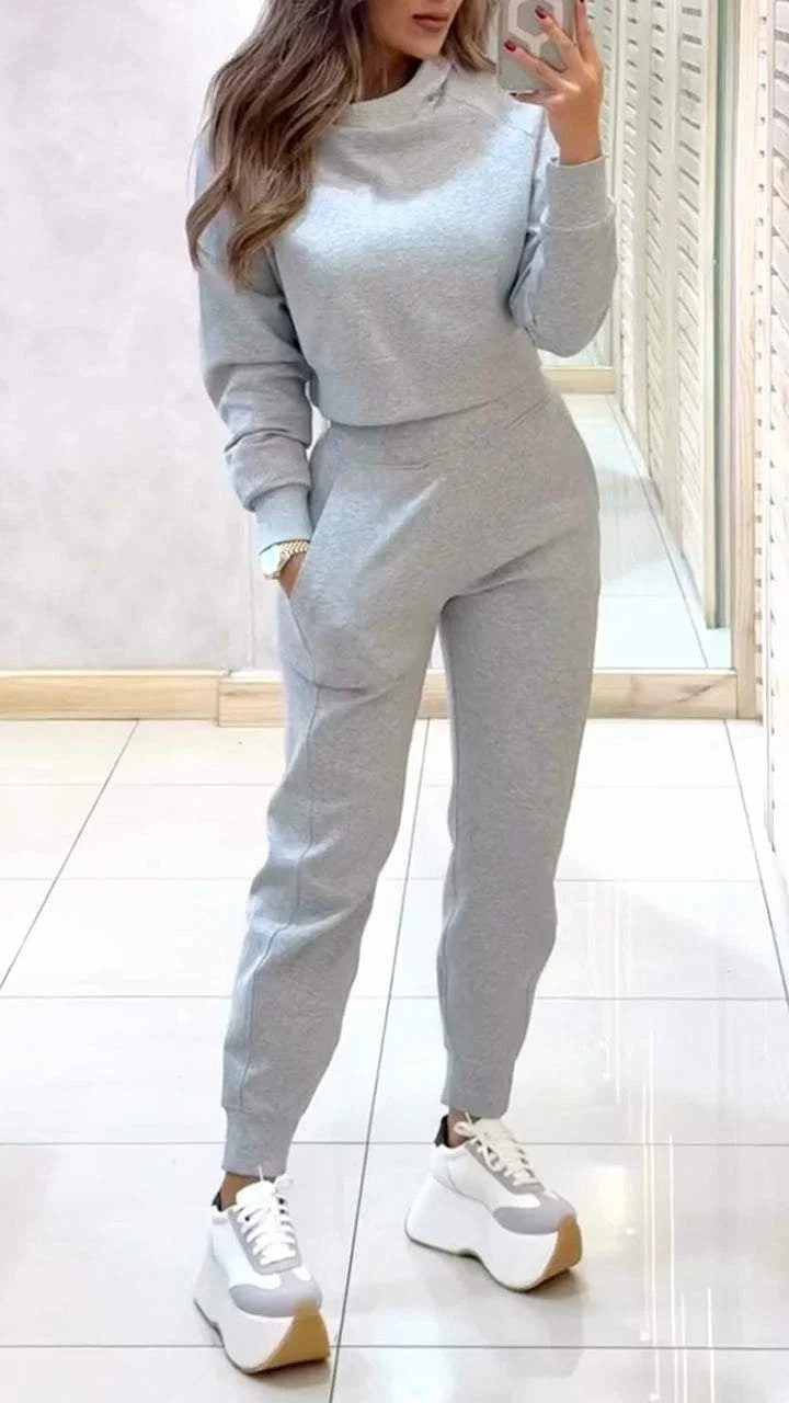 Sports Suit Fashion Pullover Long-sleeves Short Top And Slim Trousers With Pockets Solid Outfits Women's Clothing