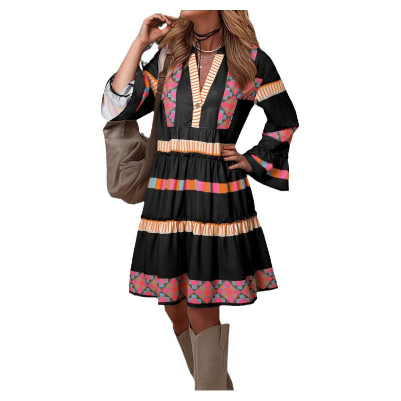 Fashion Print V-neck Dress Summer Ruffle Three Quarter Sleeve Dresses For Women Clothing | Koalakits36