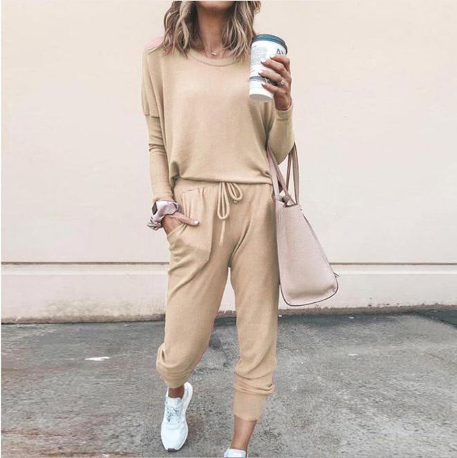 Women's Long Sleeve Suit Fashion Pullover Top And Pockets Drawstring Long Pants Solid Color Casual Sports Trouser Suit Clothing Koalakits36