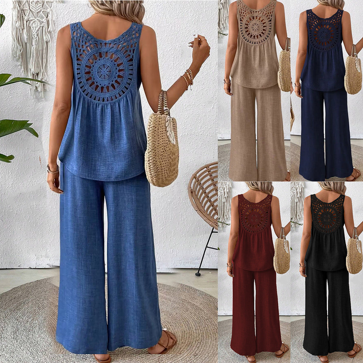 2 Pieces Set Women's Sleeveless Solid Color Back Hollow Lace Suit Summer Trendy Casual Top Wide Leg Pants Set For Daily Wear Holiday Outfit