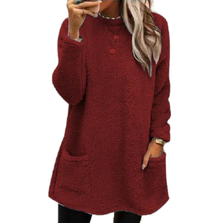 Women's Fleece Pullover Long Sweater With Pockets with Hoodie Winter Warm Thicken Casual Long Sleeve Plush Loose Tops Koalakits36