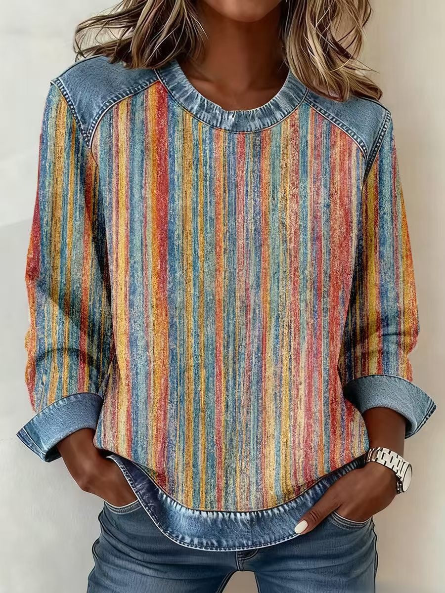 Denim Patchwork Sweatshirt for Women | Long Sleeve Pullover