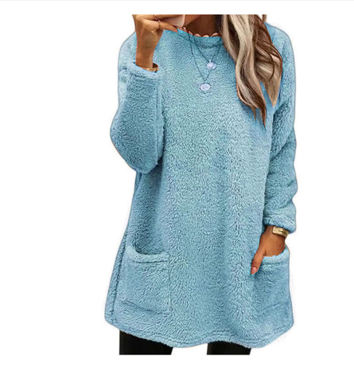 Women's Fleece Pullover Long Sweater With Pockets with Hoodie Winter Warm Thicken Casual Long Sleeve Plush Loose Tops Koalakits36