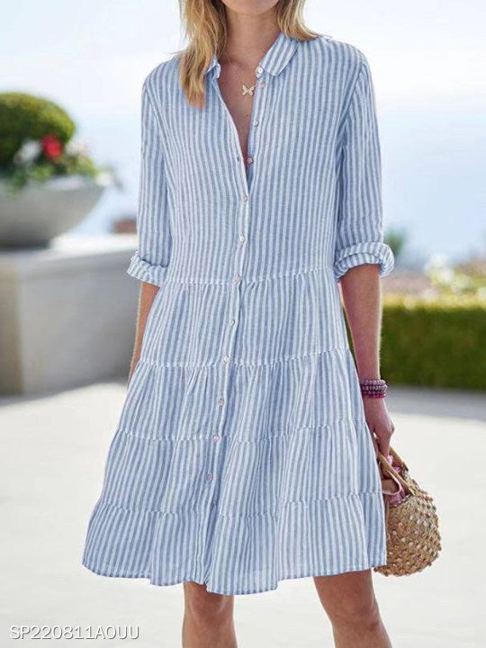 Striped Long-sleeved Shirt Dress Fashion Lapel Button Dresses For Women | Koalakits36