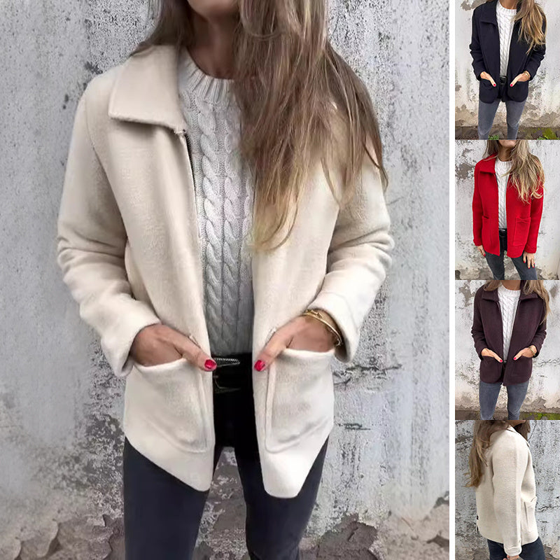 Lapel Zipper Jacket With Pockets Fashion Solid Color Coat Fall Winter