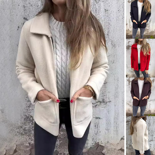 Lapel Zipper Jacket With Pockets Fashion Solid Color Coat Fall Winter