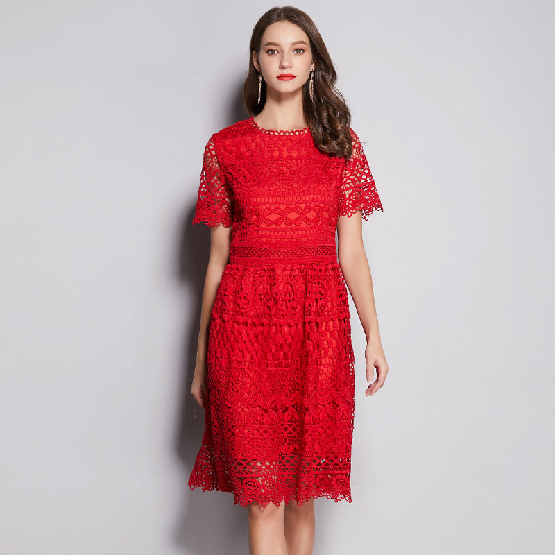 Small Fragrance Round Neck Heavy Industry Water-soluble Hollow Large Size Dress Koalakits36