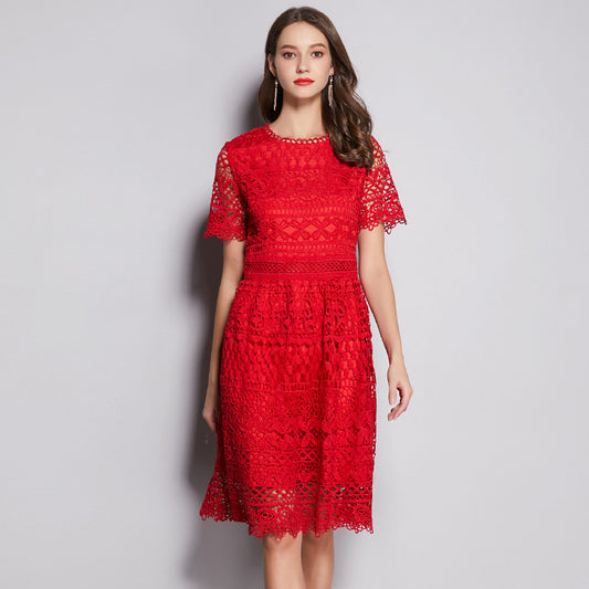 Small Fragrance Round Neck Heavy Industry Water-soluble Hollow Large Size Dress Koalakits36