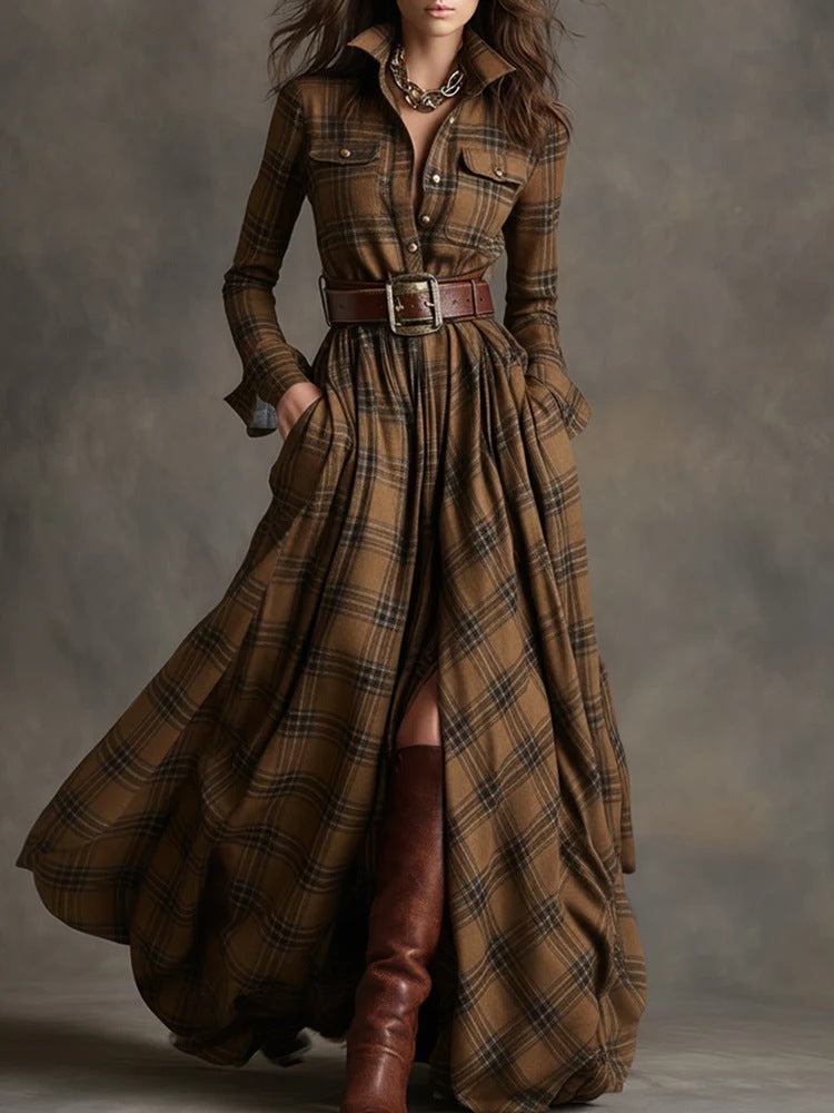 Plaid Print Long-Sleeved Dress Fashion Pockets Collared Buttons Shirt Long Dresses Retro Koalakits36