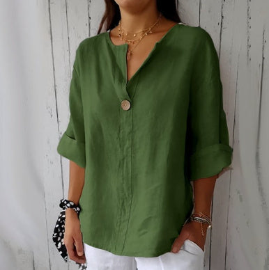 V-neck Long-sleeved T-shirt Fashion Loose Cotton And Linen Button Tops | Koalakits36
