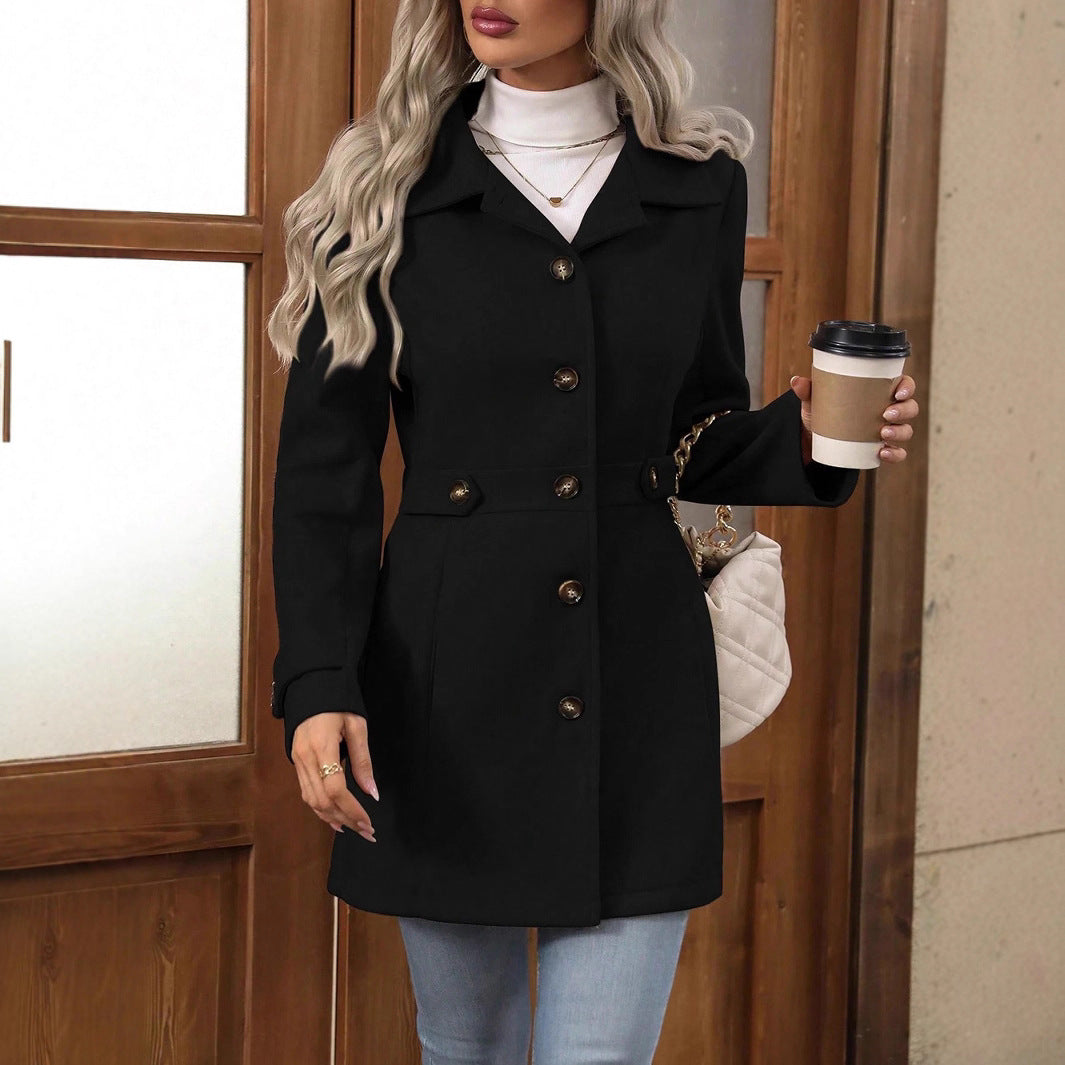 Elegant Single-breasted Woolen Coat Buttons Lapel Mid-length Jacket Women's Clothing