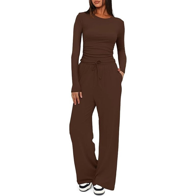Women's Casual Suit Long Sleeve Tops High Waisted Wide Leg Pants Sportswear Clothes Solid Color | Koalakits36
