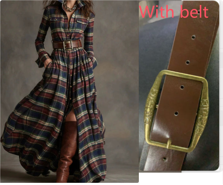 Plaid Print Long-Sleeved Dress Fashion Pockets Collared Buttons Shirt Long Dresses Retro Koalakits36
