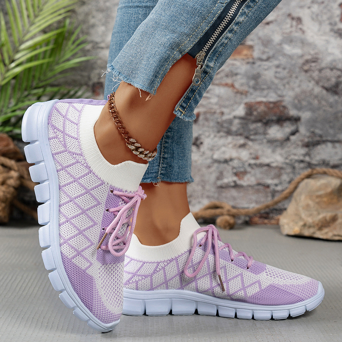 Colorblock Plaid Lace-Up Flyknit Sneakers Ins Mesh Casual Shoes Fashion Breathable | Koalakits36