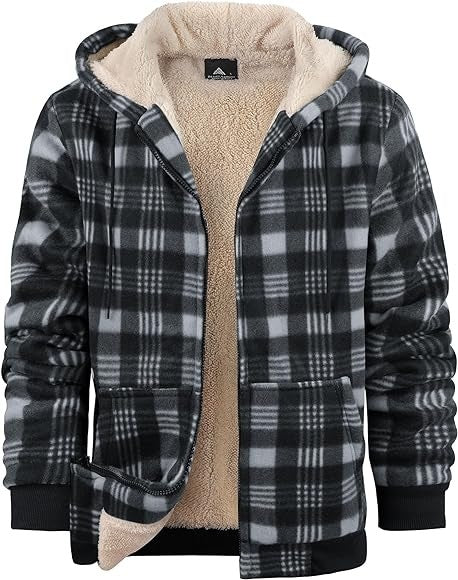 Men's Plaid Print Hooded Zip-Up Jacket Winter Thickened Cotton-padded Coat Warm