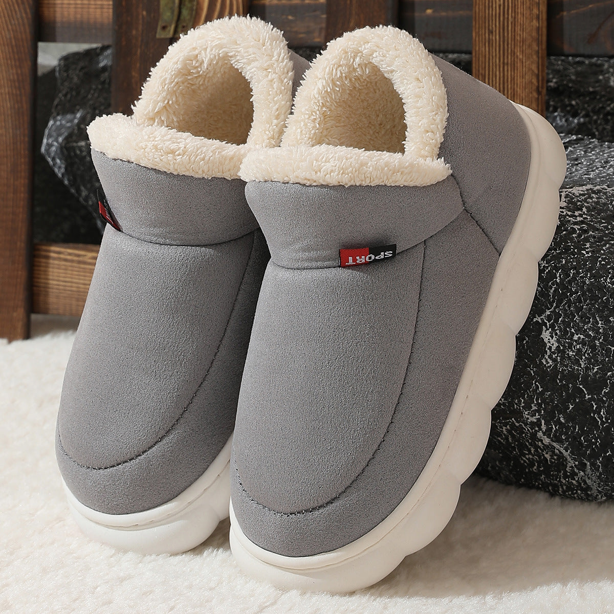 Winter Plush Cotton Shoes Women Men Warm Suede House Shoes For Parents Solid Color Thick-soled