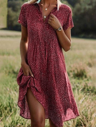 Summer Polka Dot Print Dress Fashion Casual V-Neck Short Sleeve Dresses  | Koalakits36