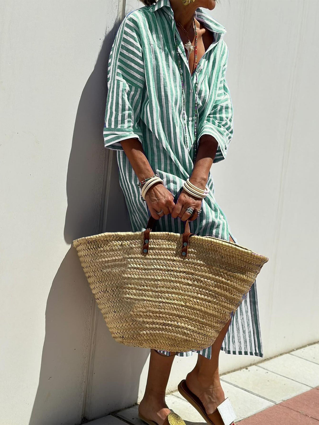 Striped Shirt Dress With Belt Fashion Half-sleeved Lapel Button Cardigan Dresses